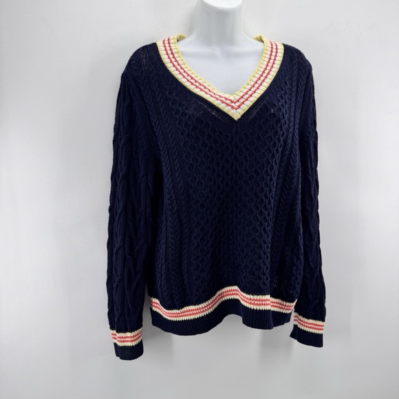 Talbots Sweaters - Talbots Cricket V Neck Sweater L Petite Navy Linen Blend Cable Knit Old Money